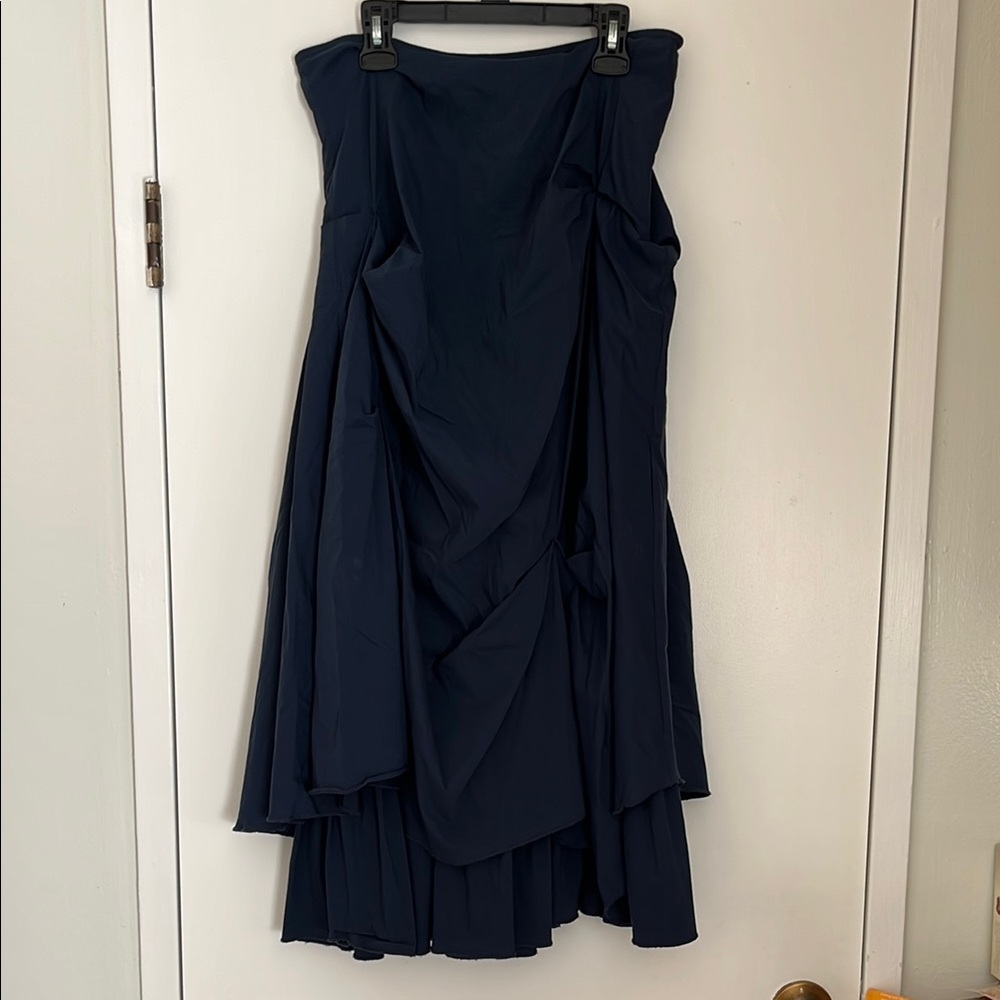 Blue Asymmetrical Tiered Skirt
Waist 15.5 inches lay flat,  Length 34 inches